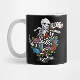 Skeleton Riding Dinosaur T rex dia de los muertos Mug